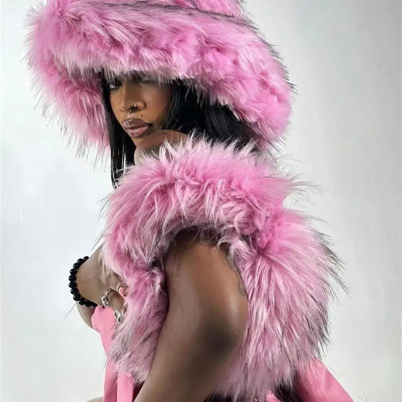 Y2k Hot Girls Small Half Moon Bag Set Women Luxury Furry Wrist Handbag Gothic Punk Faux Raccoon Fur Clutch Purses Bags With Hat
