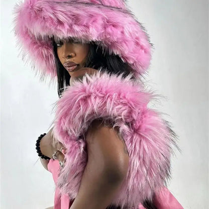 Y2k Hot Girls Small Half Moon Bag Set Women Luxury Furry Wrist Handbag Gothic Punk Faux Raccoon Fur Clutch Purses Bags With Hat
