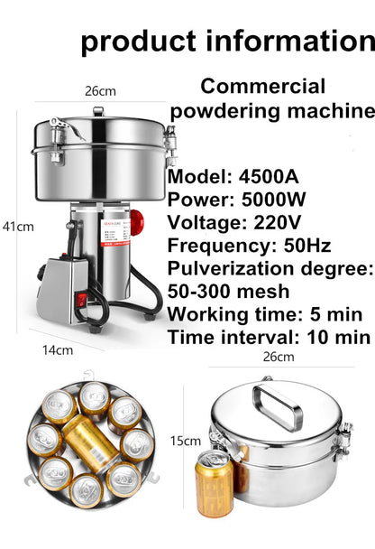 4500G Commercial Grain Grinder High Speed 4500W Cereals Medicinal Materials Spices Powder Crusher Stainless Steel Coffee Grinder
