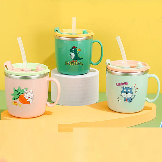 Stock 304 Stainless Steel Children's Water Cup with Cover Double Anti-scalding Anti-drop Cartoon Milk Cup Straw Thermos Cup