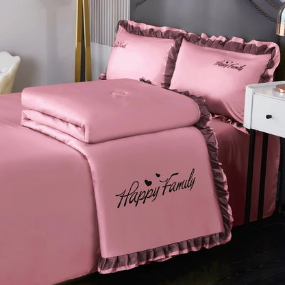 2025 Spring New Washed Silk 4PCS Bed Sheet Pink Plain Duvet Cover  with Floral Solid Cartoon Quilt Set