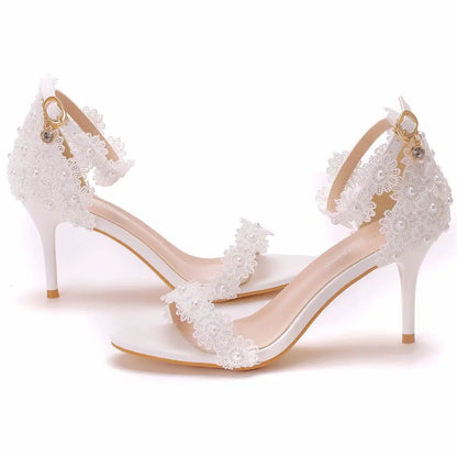 New Shoes for Women Lace Wedding Shoes a Word with Thin Heel Sandals Fine with Beads Elegant Princess Sandal