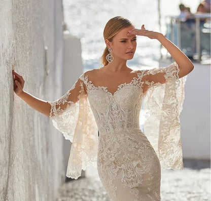 13365#Illusion Chic Bohemian Sweetheart Elegant Backless Lace-Up Flare Sleeves Mermaid Lace Applique Wedding Dress Bridal Gown