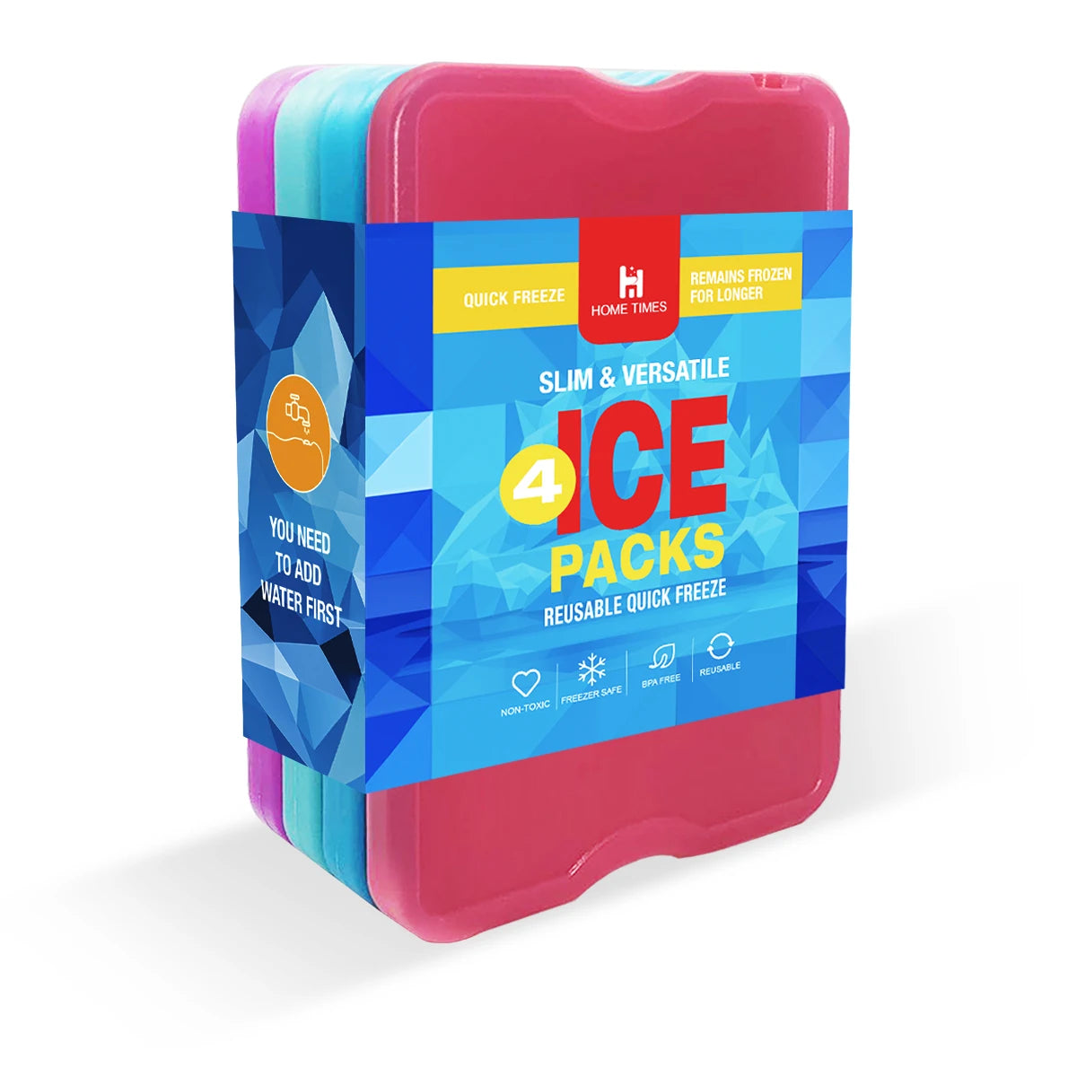 HomeTimes 4 Pack Reusable and Non-Toxic Cold Packs - Portable, Eco-Friendly for Lunch & Camping Trips, Leak-Proof, Colorful