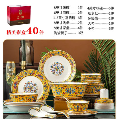 Top-quality Enamel Painting Craftsmanship 40-piece Ceramic Tableware Set an Exquisite Gift Set of Tableware Family Tableware Set