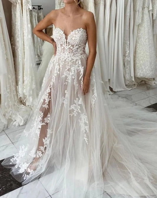 11838#Strapless Classic Sweetheart Lace Backless Elegant Boho Sexy Simple Sleeveless Beach Wedding Dress Wedding Bridal Gown