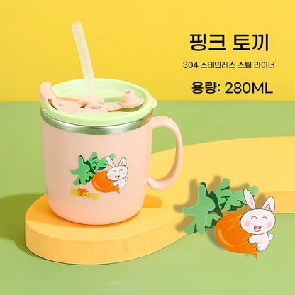 Stock 304 Stainless Steel Children's Water Cup with Cover Double Anti-scalding Anti-drop Cartoon Milk Cup Straw Thermos Cup