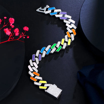 Glittering Colorful Unique Design Jewelry Cubic Zirconia Stone Paved Enamel Chunky Cuban Chain Link Bracelets Bangles for Women