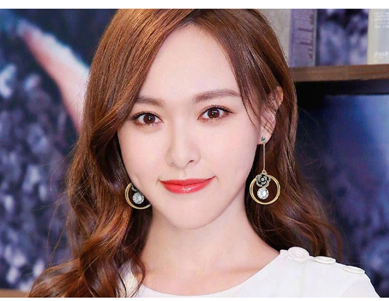 Korea Fashion Black Enamel Camellia Earrings Women Luxury brand Long Big Cubic Zirconia Drop Earrings Wedding Jewelry Z277