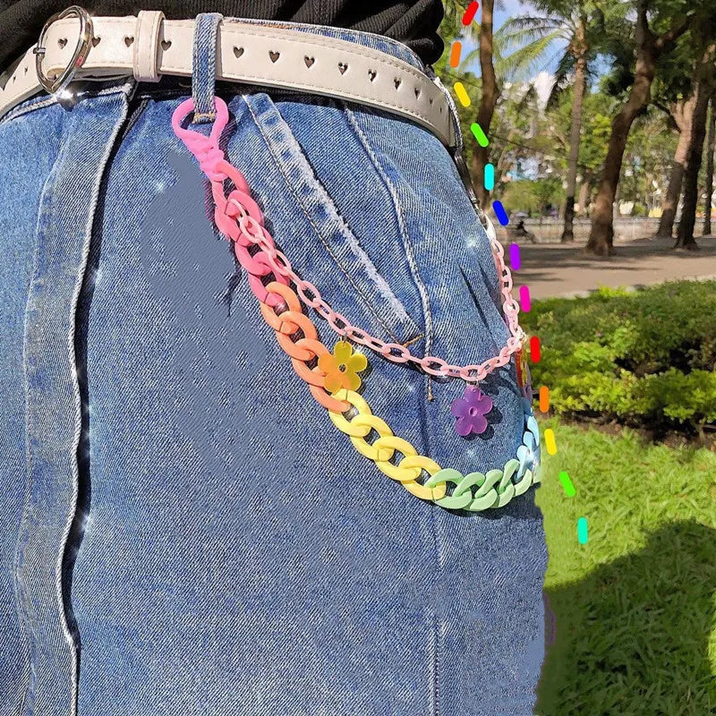 Doulbe Layered Pink Color Strawberry Resin Chain Keychains Women Girls Hip Hop Waist Chain Pants Trousers Chain Bohemian Jewelry