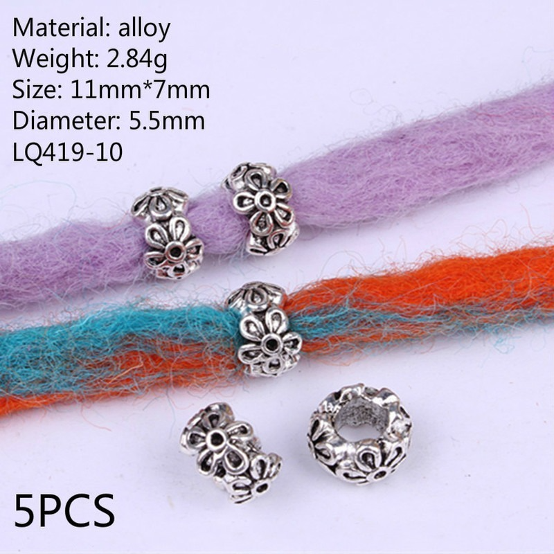 5 Pcs Antique Silver Hair Braid Dread Dreadlock Beads Cuffs Tuber Approx 8mm Inner Hole for Hair Styling Accessories Tool