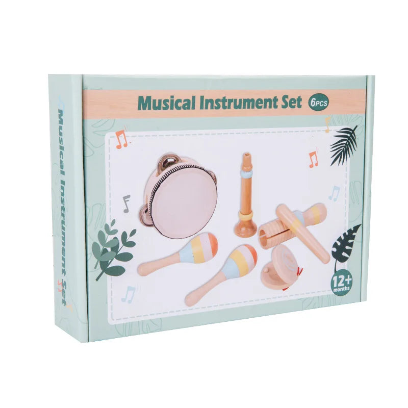 7pcs Wooden Montessori Infant and Toddler Early Education Soothing Bed Bell Toy Baby Hand-held Bell Rattle Instrument Set