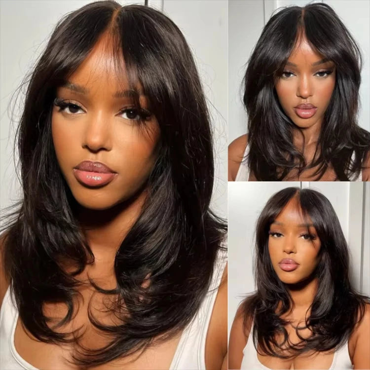 Ready to Ship Layer Cut Wigs Chocolate Brown Colored Straight 5x5 Glueless Human Hair Wig Wear & Go Layered Hair Cut Lace Wig