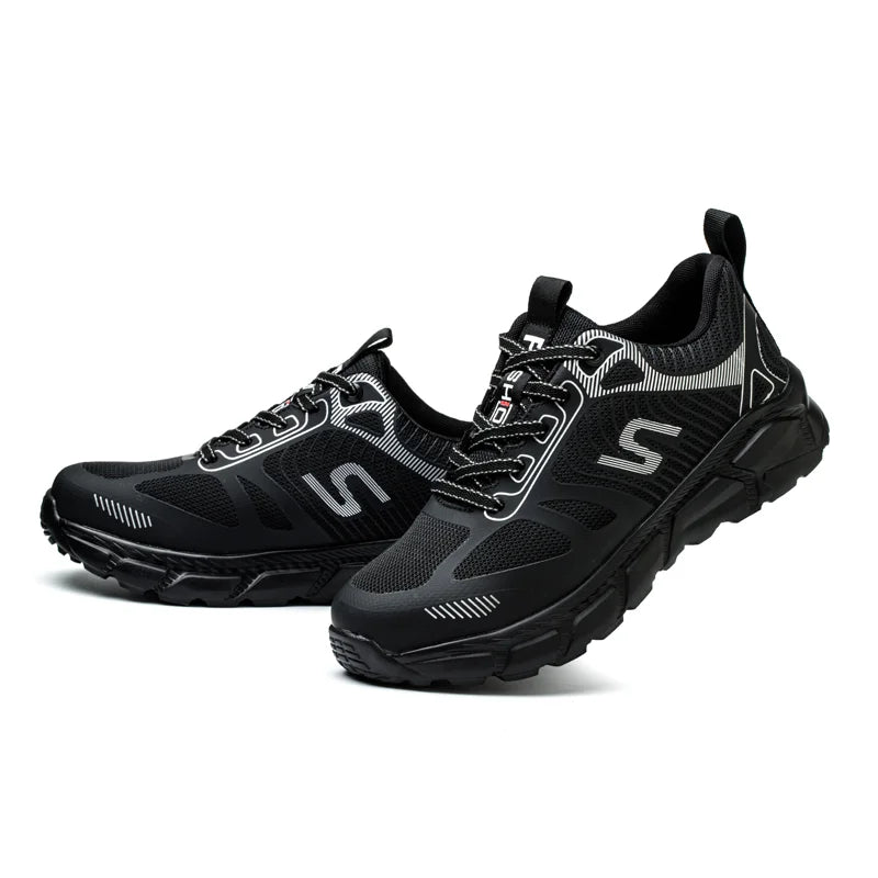Men's Steel Toe Anti-Puncture Breathable Lightweight Indestructible Men's Breathable Woven Knit Shock Absorption Running Shoes