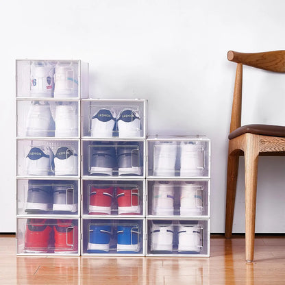 Pack of 8 Transparent and White Shoe Storage Organizers Stackable Plastic Boxes for Closet Sneakers