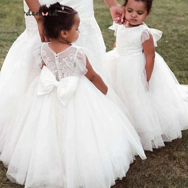 Morili Puffy Big Size Appliqued Lace Ball Gown Sheer Neck White Appliques Kids Wedding Flower Girl Dresses MF432