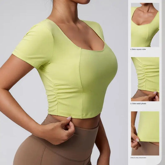 U-neck Twist Side Slim Fit Tank Top Compression Quickly Dry Short Sleeve Gym Sports Workout Top Yoga Tops