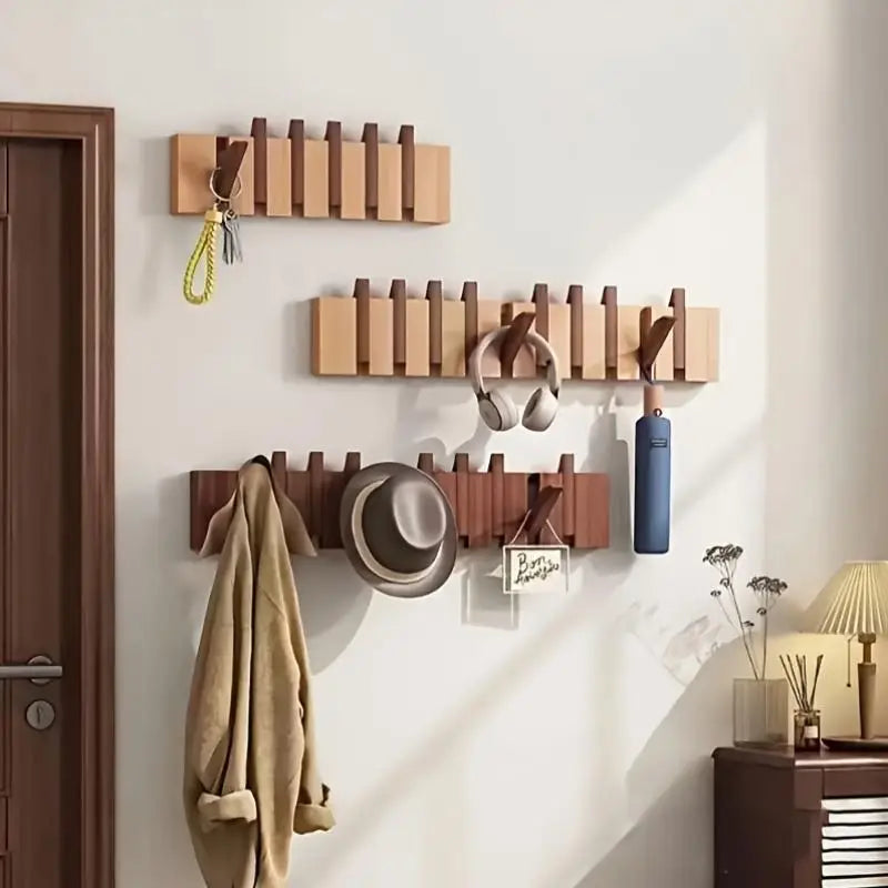 Foldable Wooden Wall-Mounted Piano-Key Design Hook Stand Multiple Hook Storage Rack for Scarves Towels Coats
