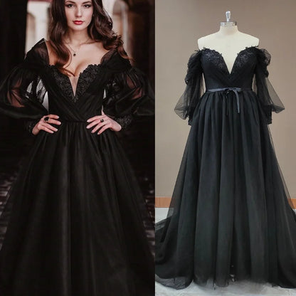9908# Elegant Black Strapless Puff Sleeves Boho Lace Appliqque Wedding Dress  Backless Wedding Bridal Gown party gown