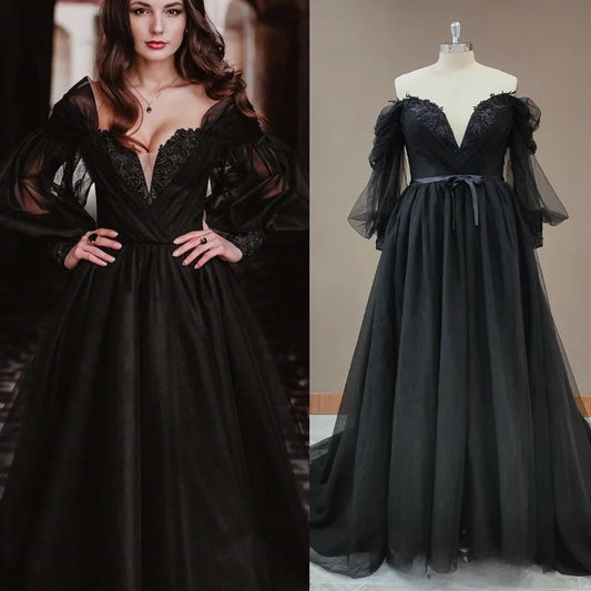 9908# Elegant Black Strapless Puff Sleeves Boho Lace Appliqque Wedding Dress  Backless Wedding Bridal Gown party gown