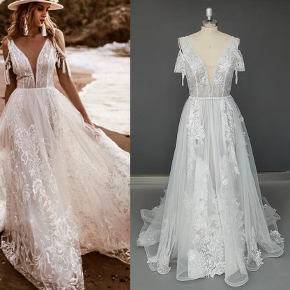 11774#Elegant Bohemian Open Back Sweep Train Sleeveless Beach Lace Deep V-Neck Sexy Wedding Dress Wedding Bridal Gown
