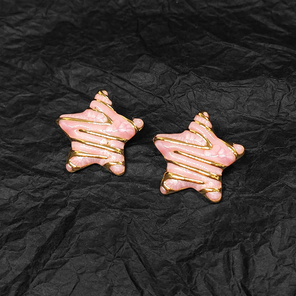 French Retro Trendy Stainless Steel Gold-Plated Star Shaped Drip Oil Earrings with Exquisite Palace Style Enamel for Women
