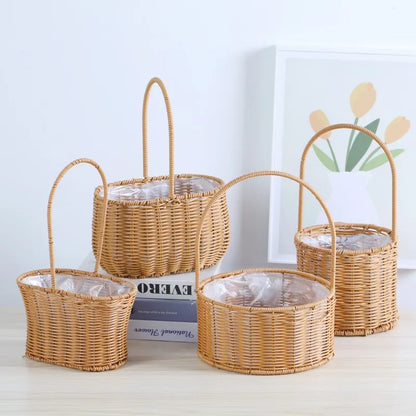 Portable Outdoor Picnic Basket Home Decorative Storage Woven Flower Pot Hand-held Rattan Wicker Accompanying Gift Floral Basket