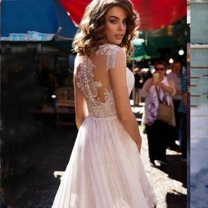 13132#  Boho Wedding Dresses Beach Beading Tassel V-Neck Appliques Lace Long Sleeves Front Split Ivory Wedding Bridal Gown