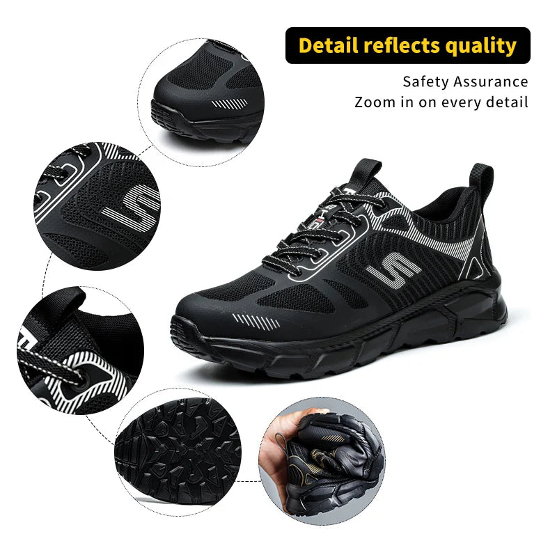 Men's Steel Toe Anti-Puncture Breathable Lightweight Indestructible Men's Breathable Woven Knit Shock Absorption Running Shoes