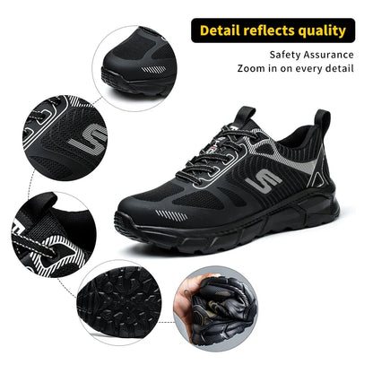 Men's Steel Toe Anti-Puncture Breathable Lightweight Indestructible Men's Breathable Woven Knit Shock Absorption Running Shoes