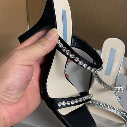 Rhinestone Sandales Talon Femme Slipper Female Shoes Trendy Summer Square Toe High Heels for Ladies