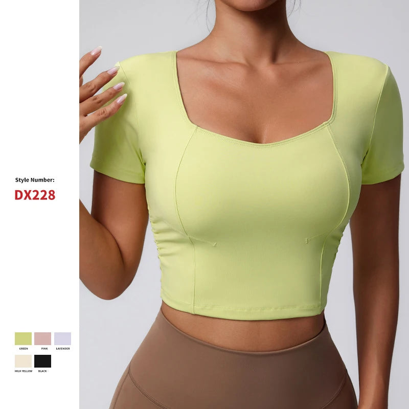 U-neck Twist Side Slim Fit Tank Top Compression Quickly Dry Short Sleeve Gym Sports Workout Top Yoga Tops