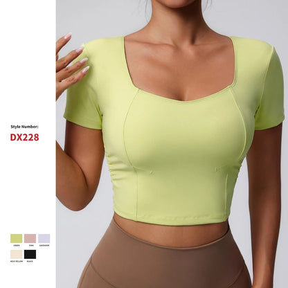 U-neck Twist Side Slim Fit Tank Top Compression Quickly Dry Short Sleeve Gym Sports Workout Top Yoga Tops