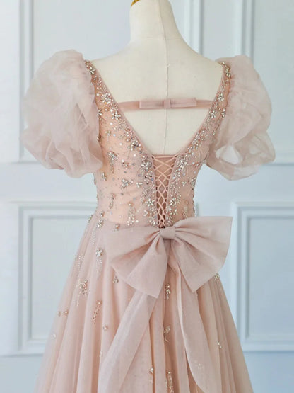 Elegant Short Puff Sleeve Beading Sequins Lace Bow A-line Lace-up Bridesmaid Dress for Girls Evening Party Dress Plus Size Women