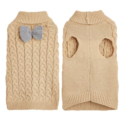 Classic Luxury Knitted Pet Dog Sweater Plain Pure Color with Cute Bow Knot 8 Animal Pattern Colors for Winter Season