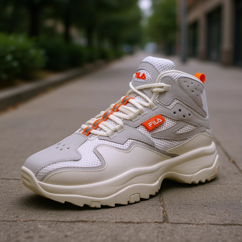 Fila Men's Ranger Boot Shoes High Cut Retro Style Cream Orange PU Upper Mesh Lining Lace Up Sporty Walking Sneakers