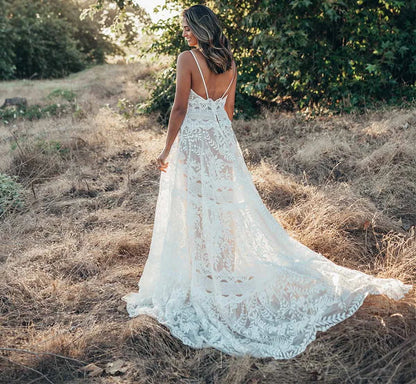 11866#Garden Sleeveless V Neck Boho Wedding Dress With Open Back Beach A-Line Lace Wedding Dress Wedding Bridal Gown