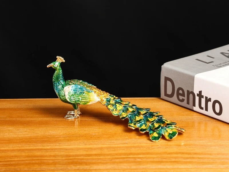 SHINNYGIFTS Peacock Shape Jewelry Trinket Box Metal Enameled With Rhinestone Metal Craft Collectibles
