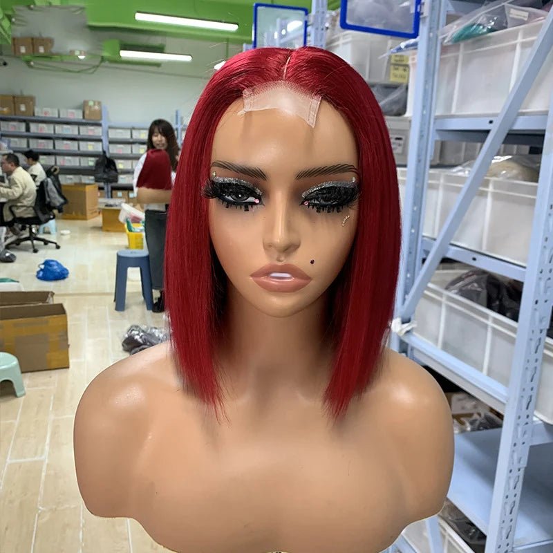 Short Medium Split Non-glue Human Hair Wig Double Straightened Bob Front Lace 6-12 Inches Black Transparent European Hair Mix