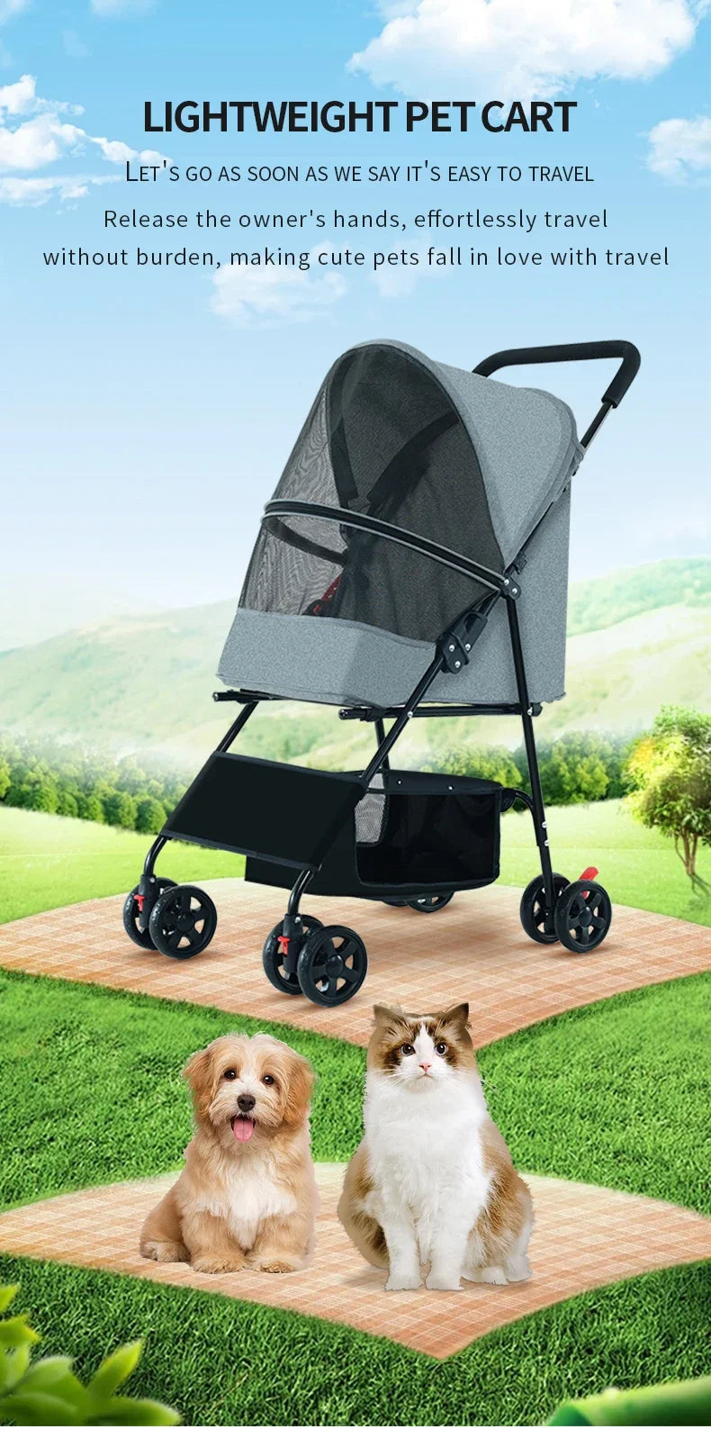 Medium-sized Luxury Pet Stroller for Small Dogs All-in-One with Detachable Storage Basket and Simple Style