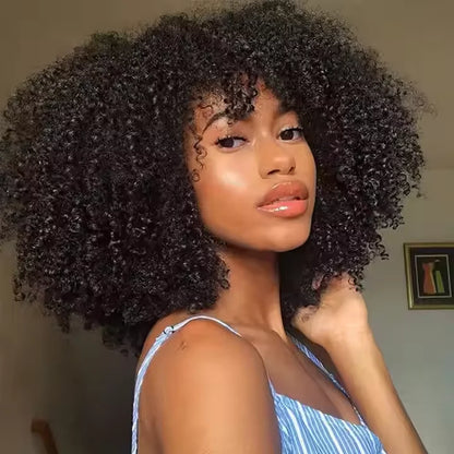 180 Density Kinky Curly Short Bob Human Hair Wig with Bangs Raw Brazilian Virgin Human Hair Afro Kinky Curly Wig for Black Women