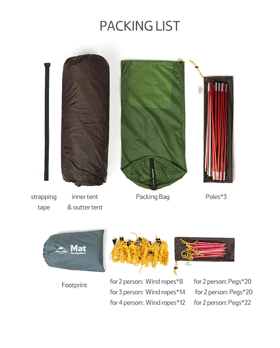Naturehike Opalus 2 3 4 Tent 2 3 4 Person Hiking Tent 4 Season Tent Ultralight Family Travel Tent 20D Waterproof Camping Tent