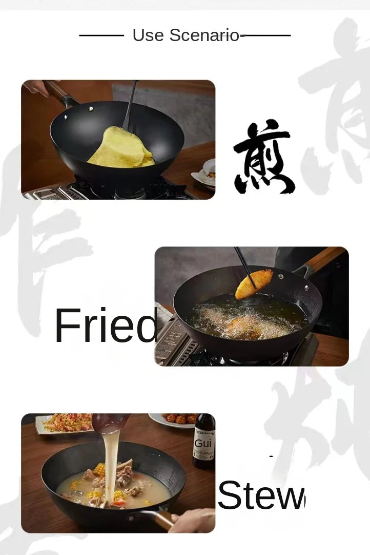 Extra Thick Nitrided Cast Iron Frying Pan Wood Grain Handle Tempered Glass Lid Non-Coated Non-Stick Surface CE Certified