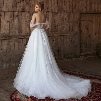 13043#Boho Sweetheart Elegant A-Line Short Sleeves Backless Strapless Lace Applique Wedding Dress Sexy Sweep Train Bridal Gown