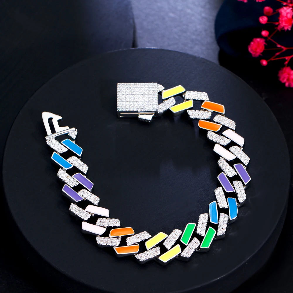 Glittering Colorful Unique Design Jewelry Cubic Zirconia Stone Paved Enamel Chunky Cuban Chain Link Bracelets Bangles for Women