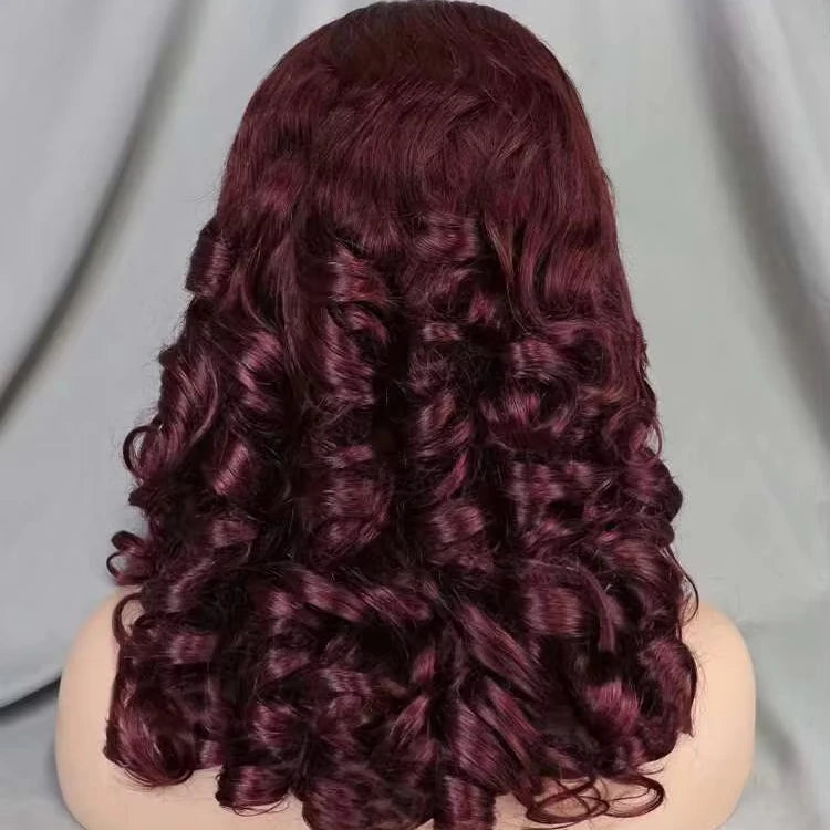 Wholesale 13*4 Full Frontal Lace Spring Curly Brazilian Wig 16 Inch 220% Density 99J Raw Human Hair Wig for Black Women