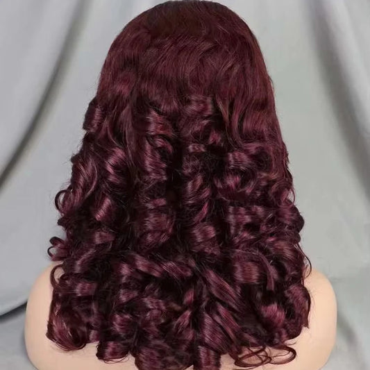 Wholesale 13*4 Full Frontal Lace Spring Curly Brazilian Wig 16 Inch 220% Density 99J Raw Human Hair Wig for Black Women