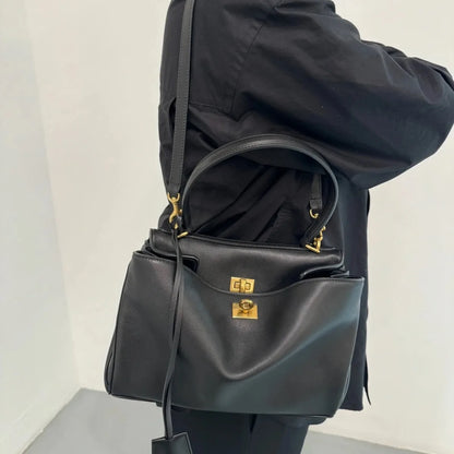 2024 New Tote Bag Genuine Leather Women's Bag Smooth Cowhide Handbag Lock Buckle Single Shoulder Crossbody Bag