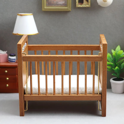 1:12 Doll House Dollhouse Mini Furniture Children's Room Pure Chestnut Crib White Mattress Small Bed