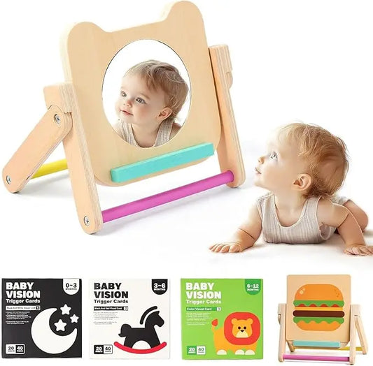 Wooden Rotating Baby Safety Mirror Montessori Visual Pre-School Mirror for Infant Early Education Cognitive Development Toy